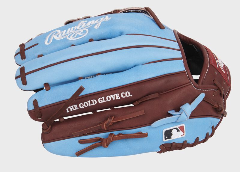 Columbia blue/maroon finger backs of a Heart of the Hide 13-Inch outfield glove with the MLB logo on the pinkie - SKU: PROBH3-6CBM loading=
