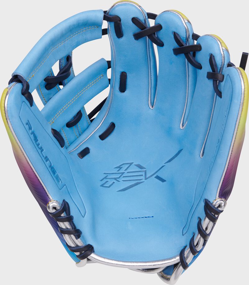 Columbia blue palm of a Rawlings Francisco Lindor REV1X glove with navy laces