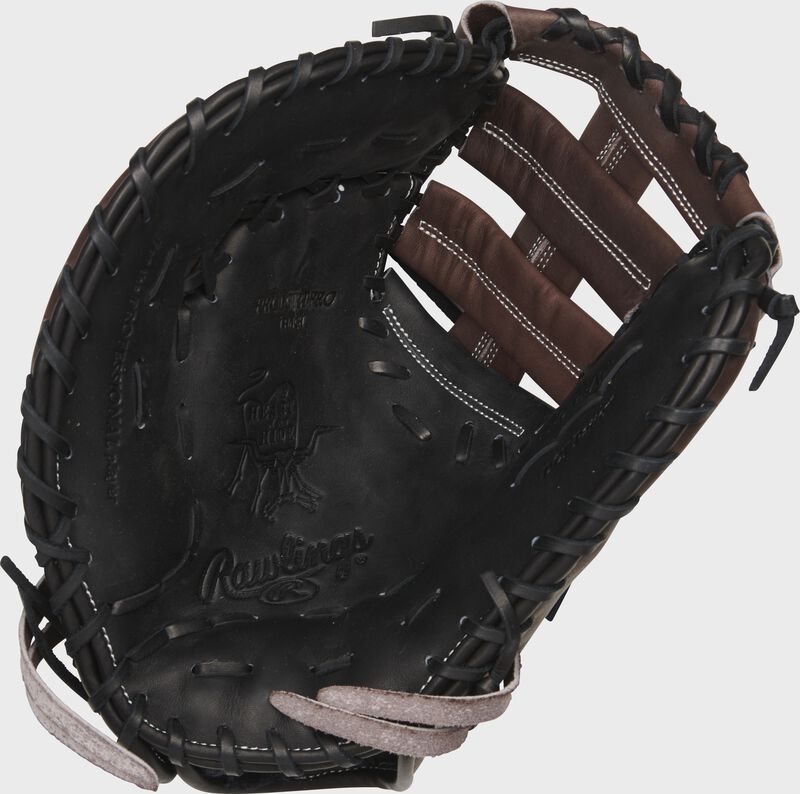 Black palm of a left handed Rawlings Heart of the Hide 1st base mitt with a brown web and black laces - SKU: PRODCT2TPRO-RH
