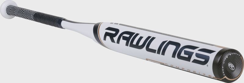 3/4 view of a FP9V9 Rawlings fastpitch bat with a white barrel and navy accents loading=