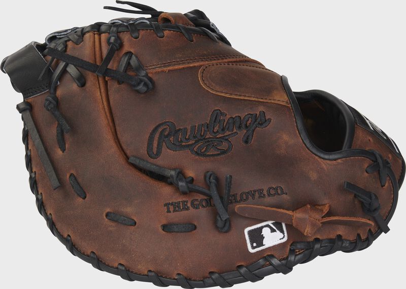Timberglaze back of a Rawlings Heart of the Hide R2G 1st base mitt with the MLB logo on the pinky - SKU: RSGRPRORDCTTIB