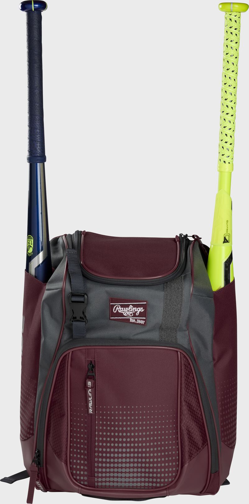 Front of a maroon Rawlings Franchise baseball backpack with two bats in the side sleeves - SKU: FRANBP-MA