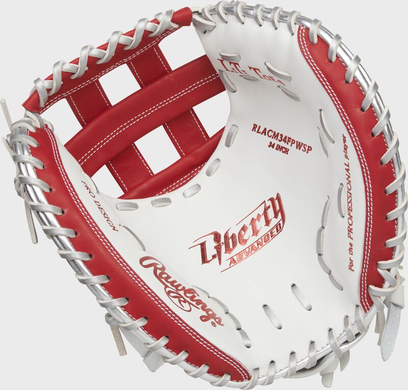 White palm of a Rawlings Liberty Advanced Color Series catcher's mitt with platinum laces and scarlet stamping - SKU: RLACM34FPWSP