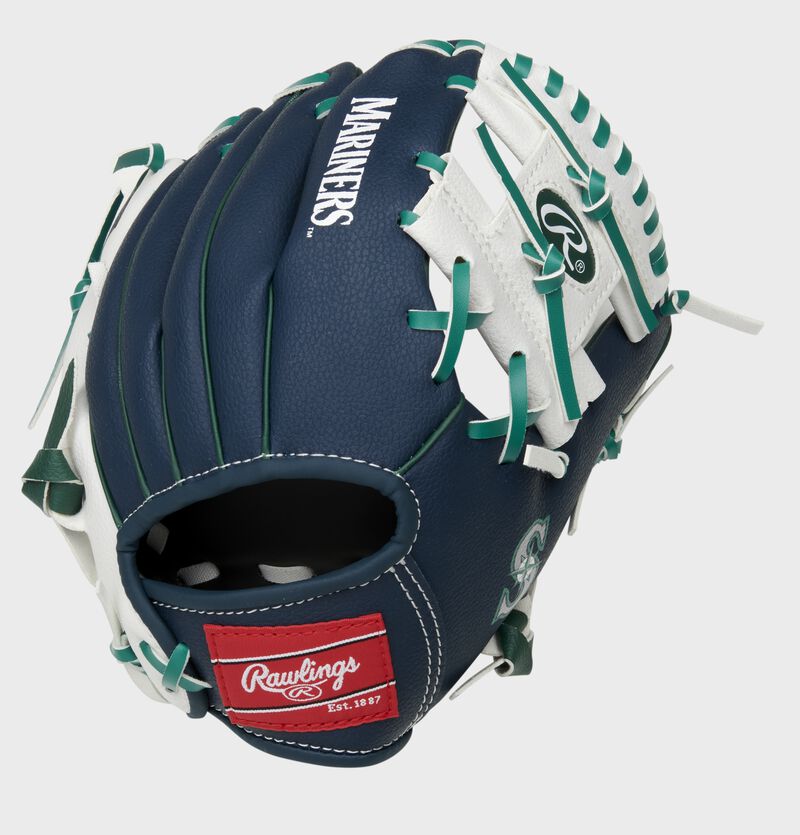 Back of a navy/white Seattle Mariners 10-inch I-web glove with a red Rawlings patch - SKU: 22000015111