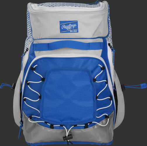 Front of a white/royal R800 Rawlings softball backpack with a royal patch and beaver tail external pocket