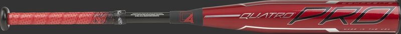 Barrel of a red USZQ12 Rawlings Quatro Pro USA youth bat with a red barrel, red/black grip and silver accents