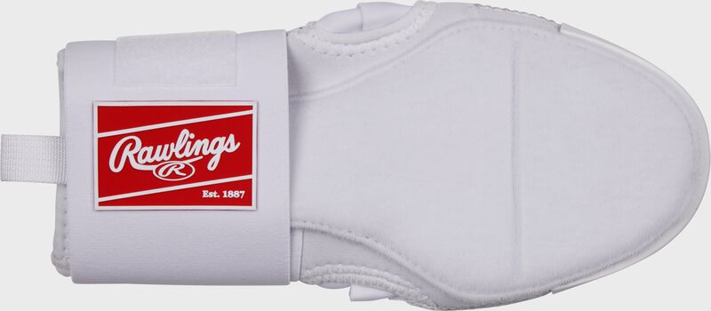 Palm of a white Rawlings sliding mitt with a red Rawlings patch logo on the wrist cuff