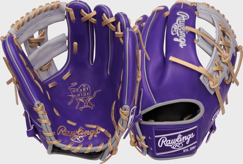 2 images showing the palm & back of a Heart of the Hide 11.5" purple infield glove