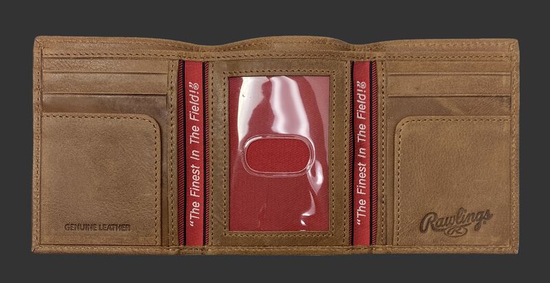 Inside of a tan Rawlings American Story tri-fold wallet with multiple card slots and clear ID window - SKU: RPW002-204
