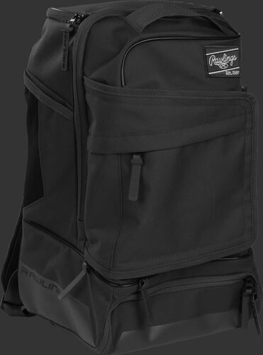 Right angle of a black R701 baseball backpack