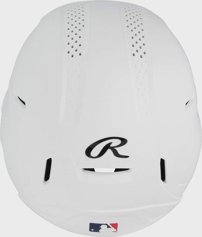 Back of a white Rawlings RX2 Reverse batting helmet loading=