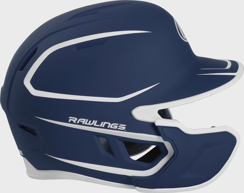 Right side of a two-tone MACHEXTR Rawlings MACH helmet with EXT extension piece for left hand batters