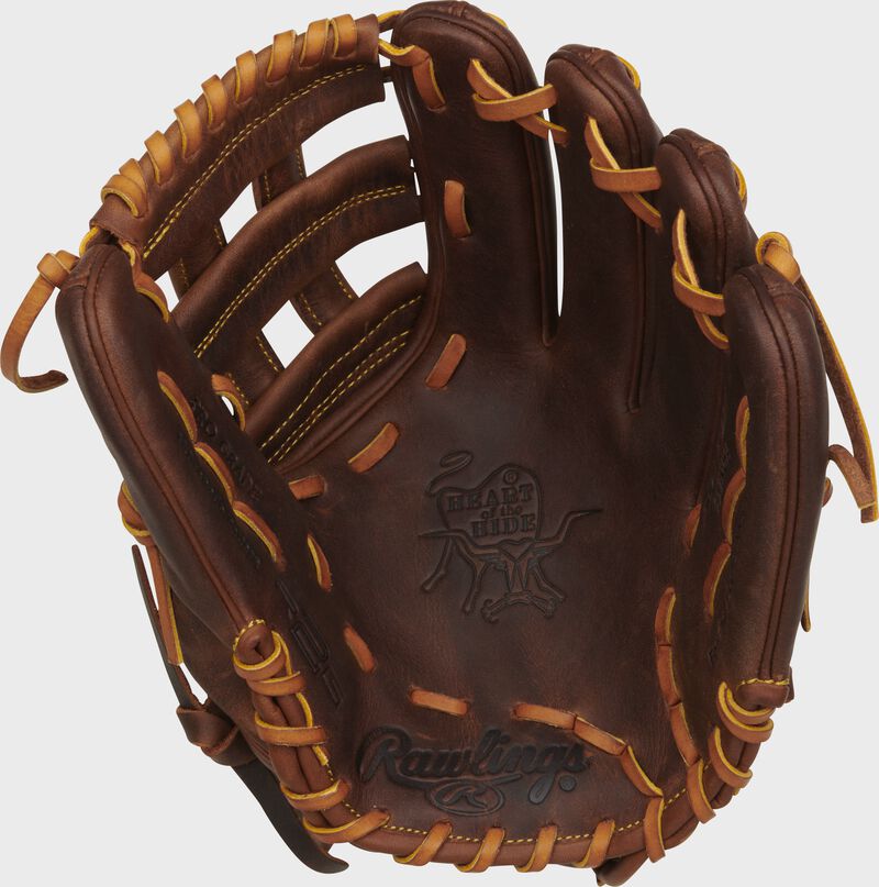 Palm of a Timberglaze Rawlings Heart of the Hide R2G infield glove with tan laces - SKU: PRORNA28