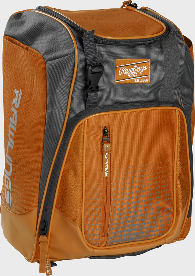 Front left angle of an orange Rawlings Franchise bag with gray accents - SKU: FRANBP-O
