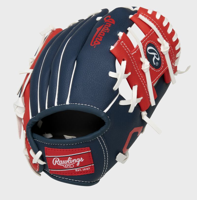 Back of a navy/red Cleveland Baseball Team 10-inch I-web glove with a red Rawlings patch - SKU: 22000014111 loading=