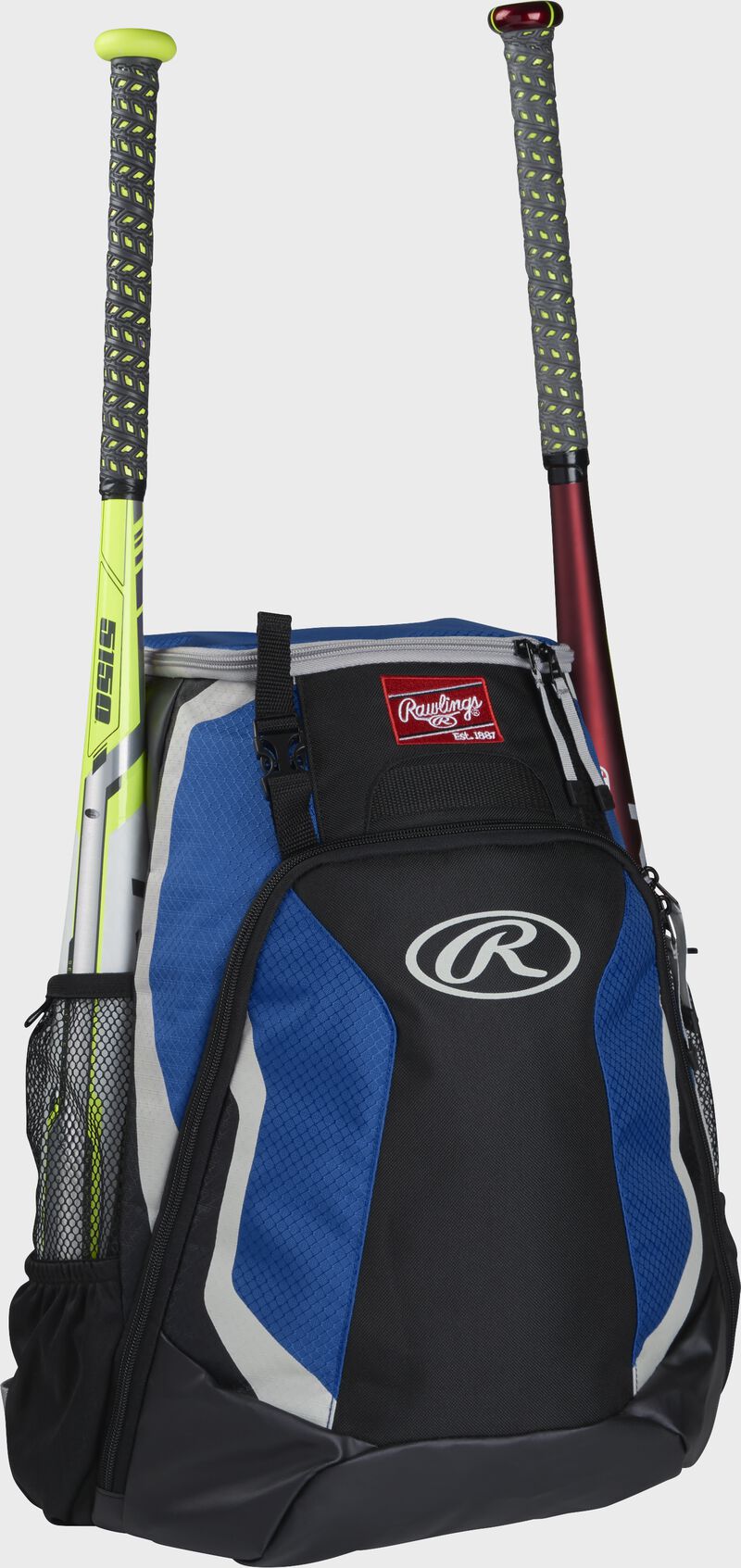 Right side of a black/royal R500 Rawlings baseball backpack with a white bat in the bat sleeve