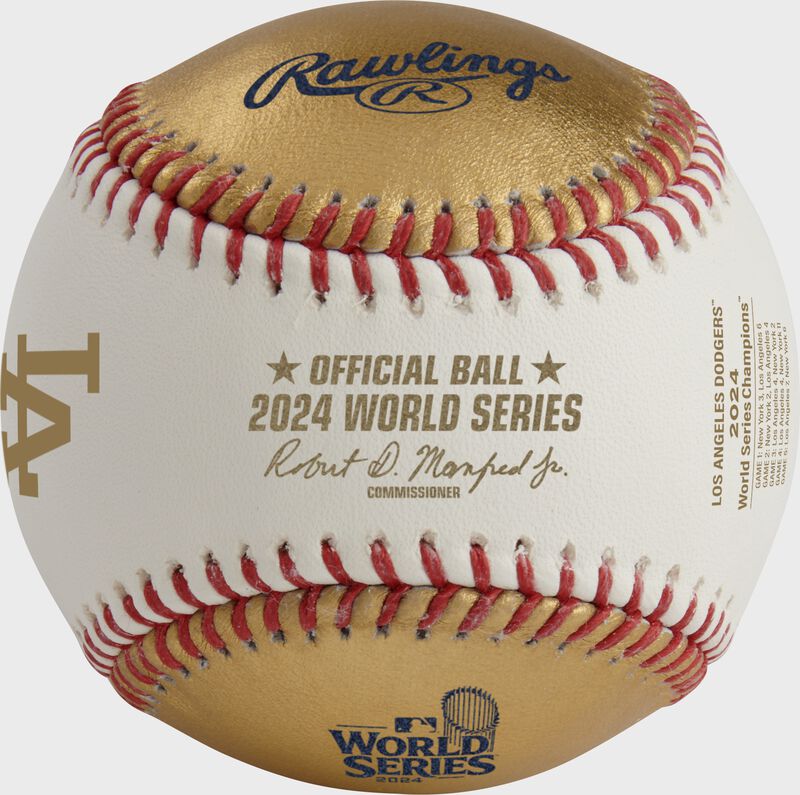 A gold/white MLB 2024 World Series Champions baseball