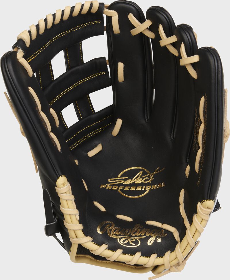 Black palm of a Rawlings Select Professional Series outfield glove with camel laces and gold stamping - SKU: SPS3028-6B