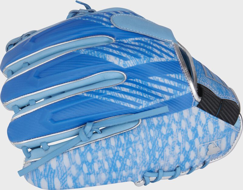 Back of a Columbia blue/Royal REV1X 11.5" infield glove with the MLB logo on the pinky - SKU: REV205-2XCB