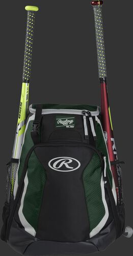 A black/dark green R500 Rawlings equipment backpack with a bat on each side