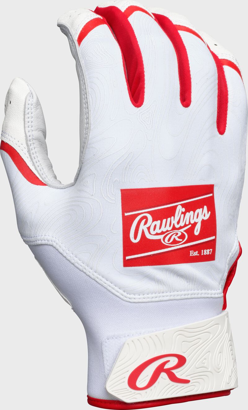 Back of a scarlet Clout batting glove loading=