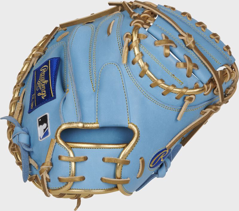 Back of a Columbia blue HOH R2G 32.5" catcher's mitt with gold accents - SKU: RSGPRORJP20CB loading=
