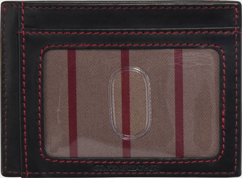 Back side of a black Rawlings Double Play front pocket wallet with a clear ID window