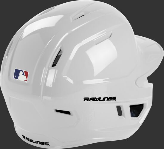 Back right of a white MCH01A Rawlings batting helmet with optimal air ventilation holes