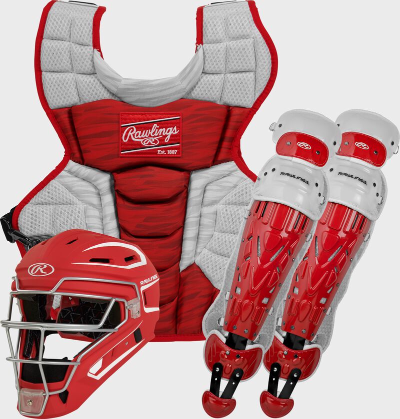 A scarlet Velo 2.0 catcher's gear set with a catcher's helmet, chest protector and leg guards - CSV2A-S/W