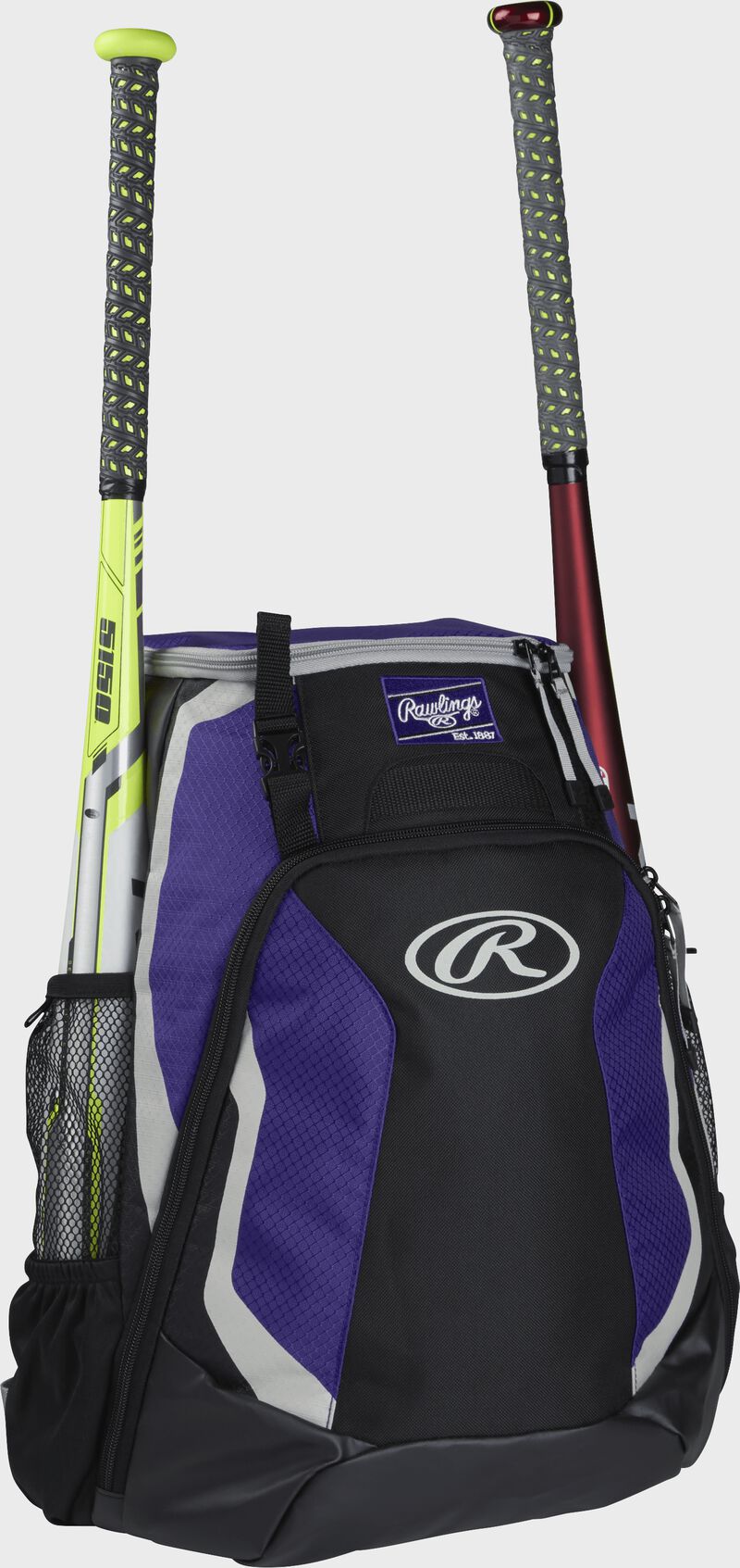 Right side of a black/purple R500 Rawlings baseball backpack with a white bat in the bat sleeve