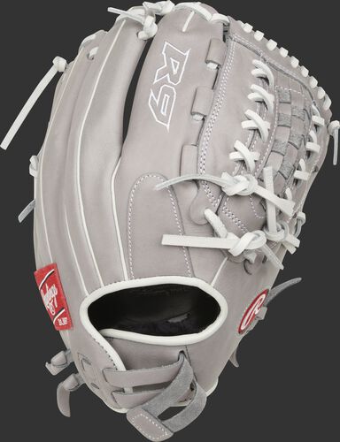 Gray back of a R9 Series 12.5-inch softball glove with an adjustable Pull-strap back - SKU: R9SB125-18G