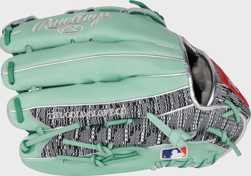 Ocean mint back of a Gameday 57 Byron Buxton glove with zebra knit pinky