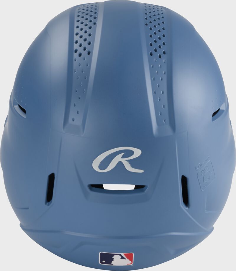 Back of a Columbia blue Rawlings RX2 batting helmet