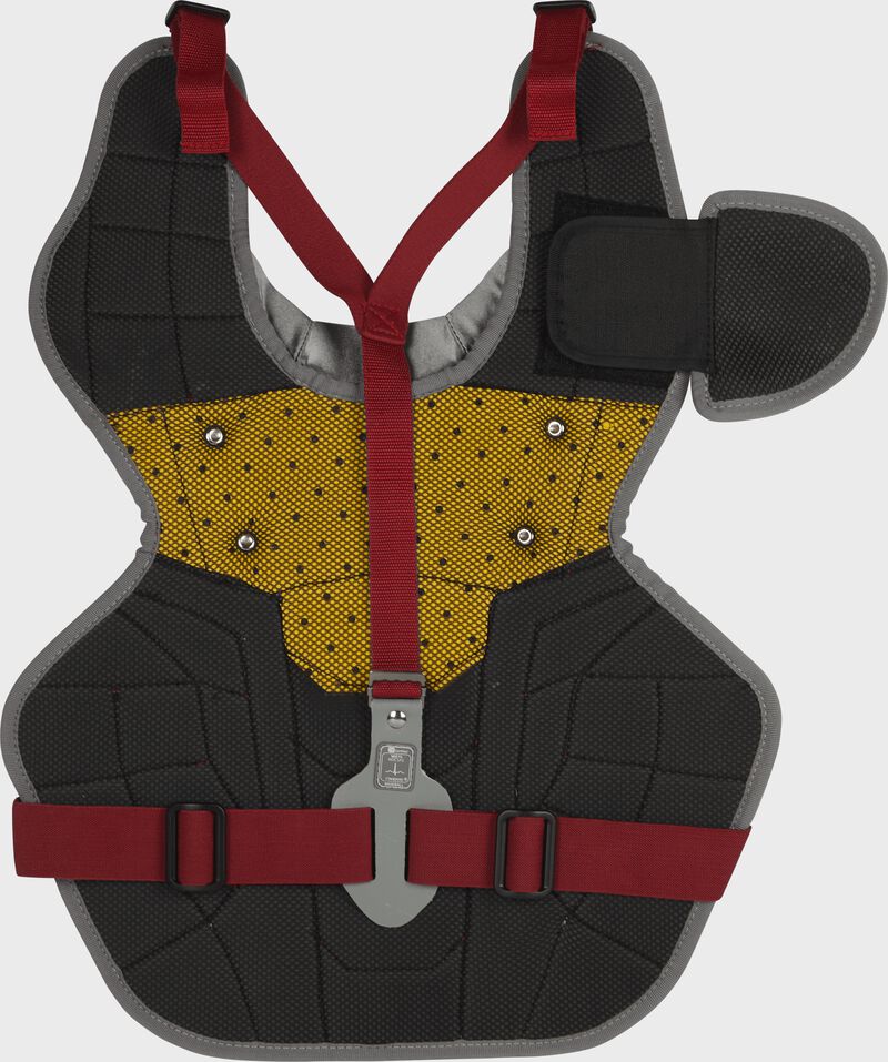 Back of a scarlet RCSNA adult Rawlings Renegade 2.0 chest protector