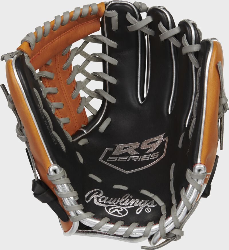 Black palm of a Rawlings R9 ContoUR baseball glove with gray laces and silver palm stamp - SKU: R9115U-4BT