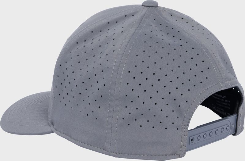 Back of a gray Rawlings Home Plate performance curved bill snapback hat with a snapback closure