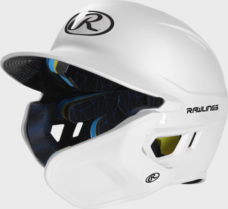 Front left-side view of White Rawlings Mach Carbon Batting Helmet - SKU: MAAR image number null