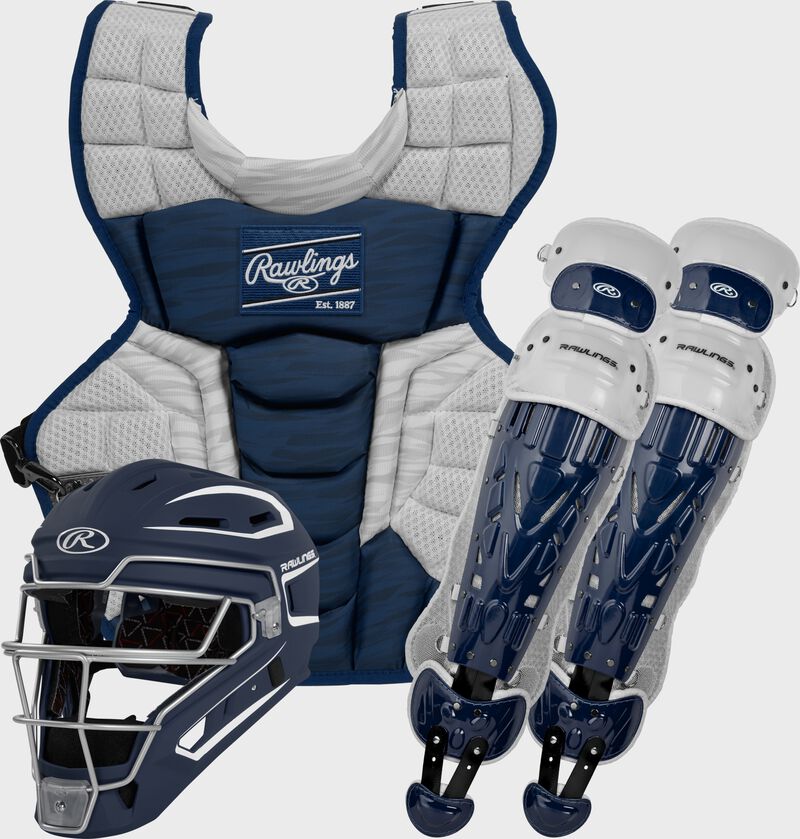 A navy Velo 2.0 catcher's gear set with a catcher's helmet, chest protector and leg guards - CSV2A-N/W