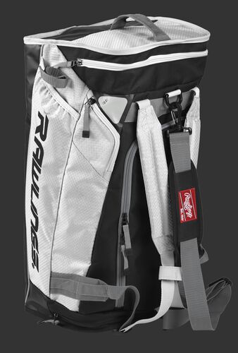 Angled view of a white R601 Rawlings hybrid bag standing up like a backpack