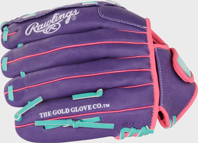 Finger backs of a purple/pink/mint Sure Catch Softball 11.5-inch Youth Softball Glove