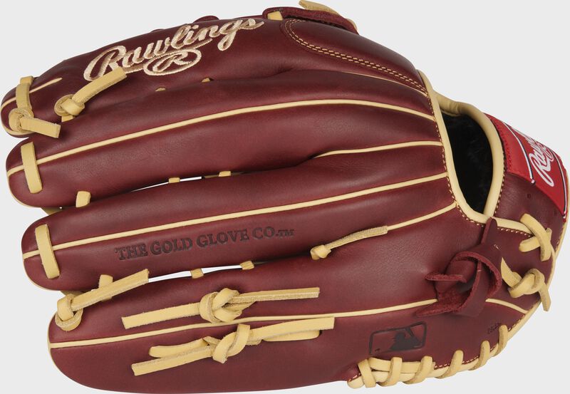 Back of a sherry 12.75-Inch Sandlot Series outfield glove with the MLB logo on the pinky - SKU: S1275HS loading=