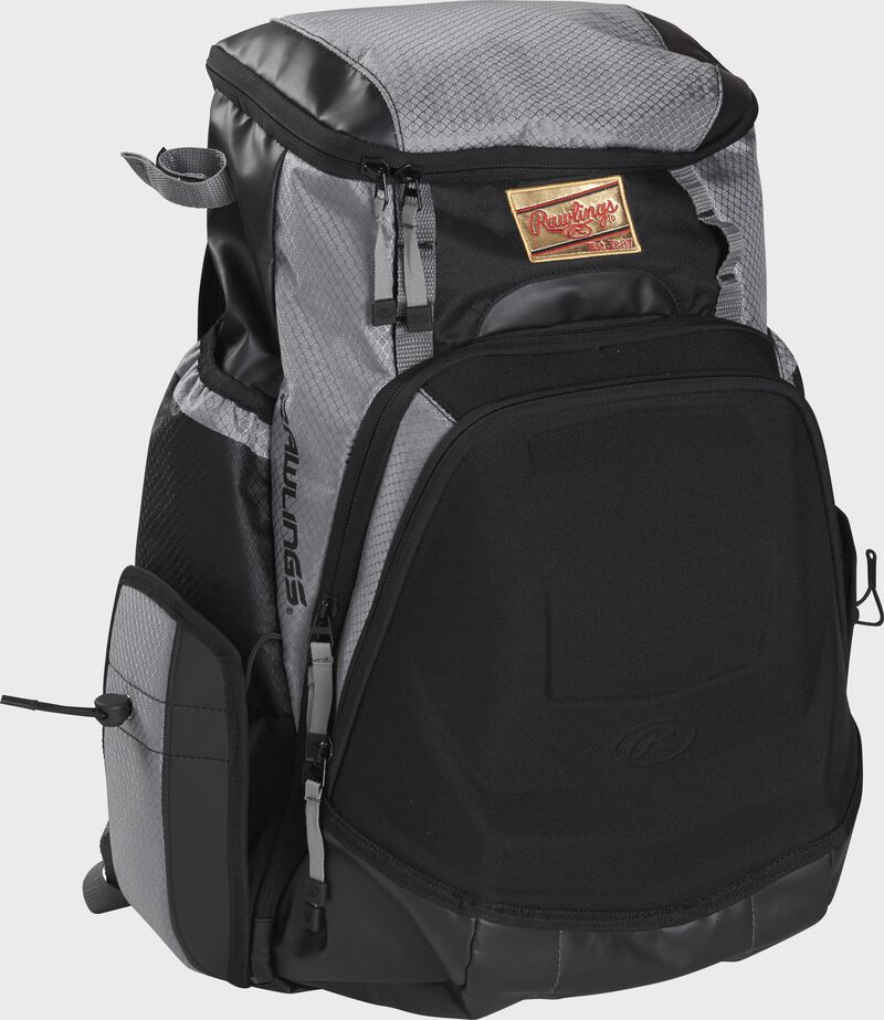 Front right of a black/gray R1000 Rawlings Gold Glove equipment backpack