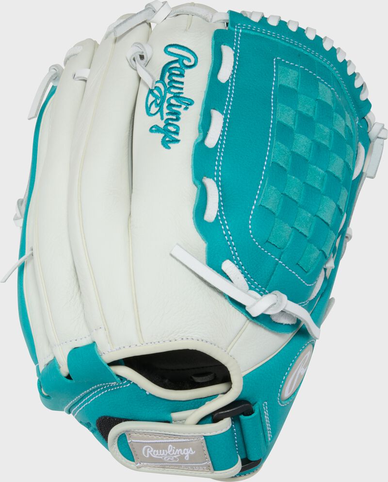 Back of a white/teal Shut Out 12.5-inch Fastpitch Softball Glove loading=
