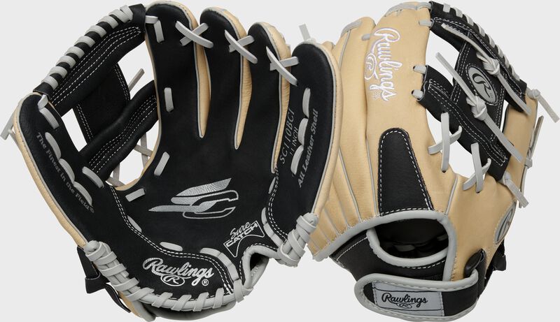 Two images showing the palm & back of a black/camel Sure Catch 11" youth I-web glove