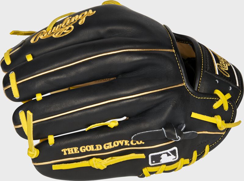 Back of a black Pittsburgh Pirates Heart of the Hide infield glove with the MLB logo on the pinky - SKU: RSGPRO204-2PIT