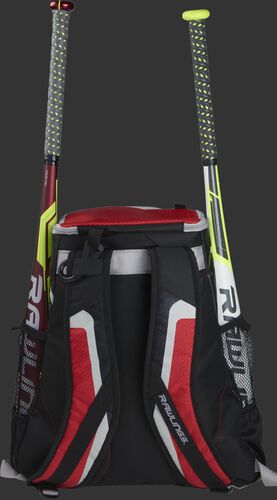 Back of a black/scarlet R500 team backpack with two bats in the side sleeves