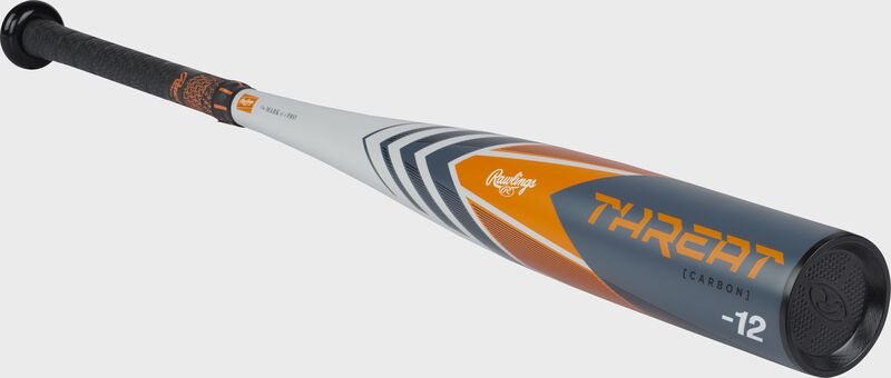 Front angle view of a Rawlings Threat USSSA bat with a dark gray end cap - SKU: RUT4T12