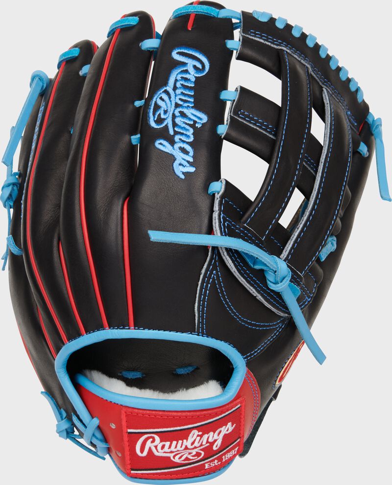 Back of a black Ian Happ Pro Preferred Gameday 57 H-web outfield glove with a red Rawlings patch - SKU: RSGRPROS3039-6IH