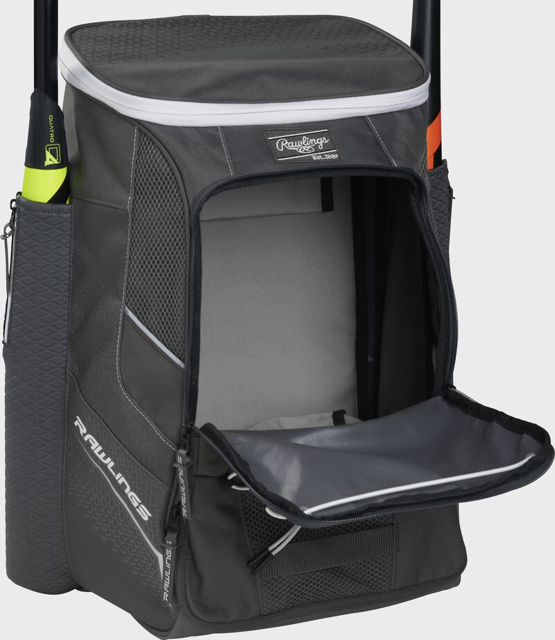Front of a graphite Rawlings Impulse backpack with the main compartment open - SKU: IMPLSE-GR