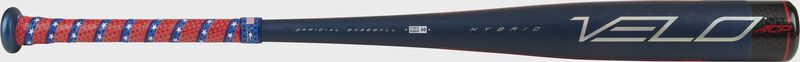 Barrel of a red, white & blue 2020 limited edition Velo ACP BBCOR bat -3 with red/blue Lizard Skins grip – SKU: BBVRWB
